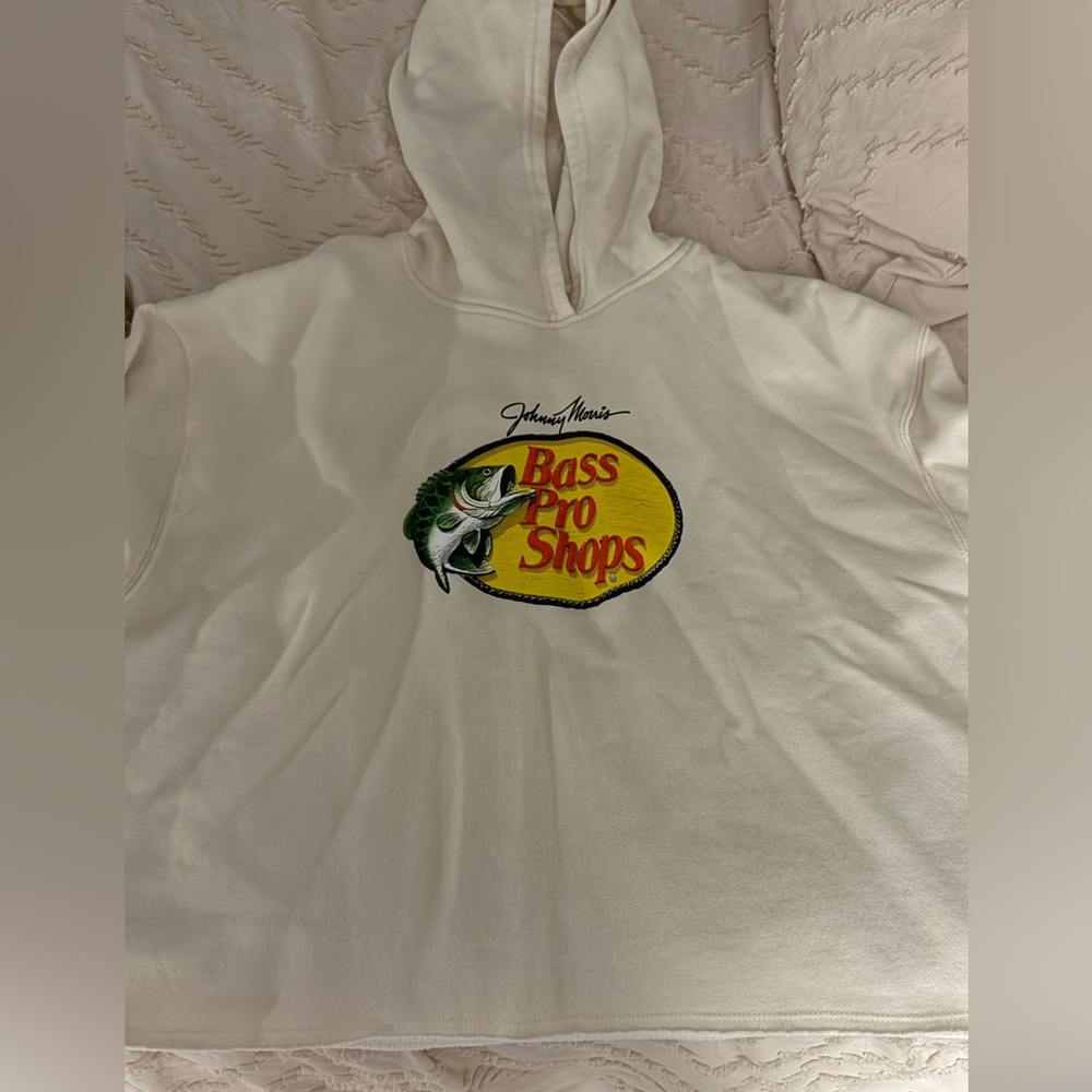 Bass Pro hooded sweatshirt with raw hem. Off white. Never worn.